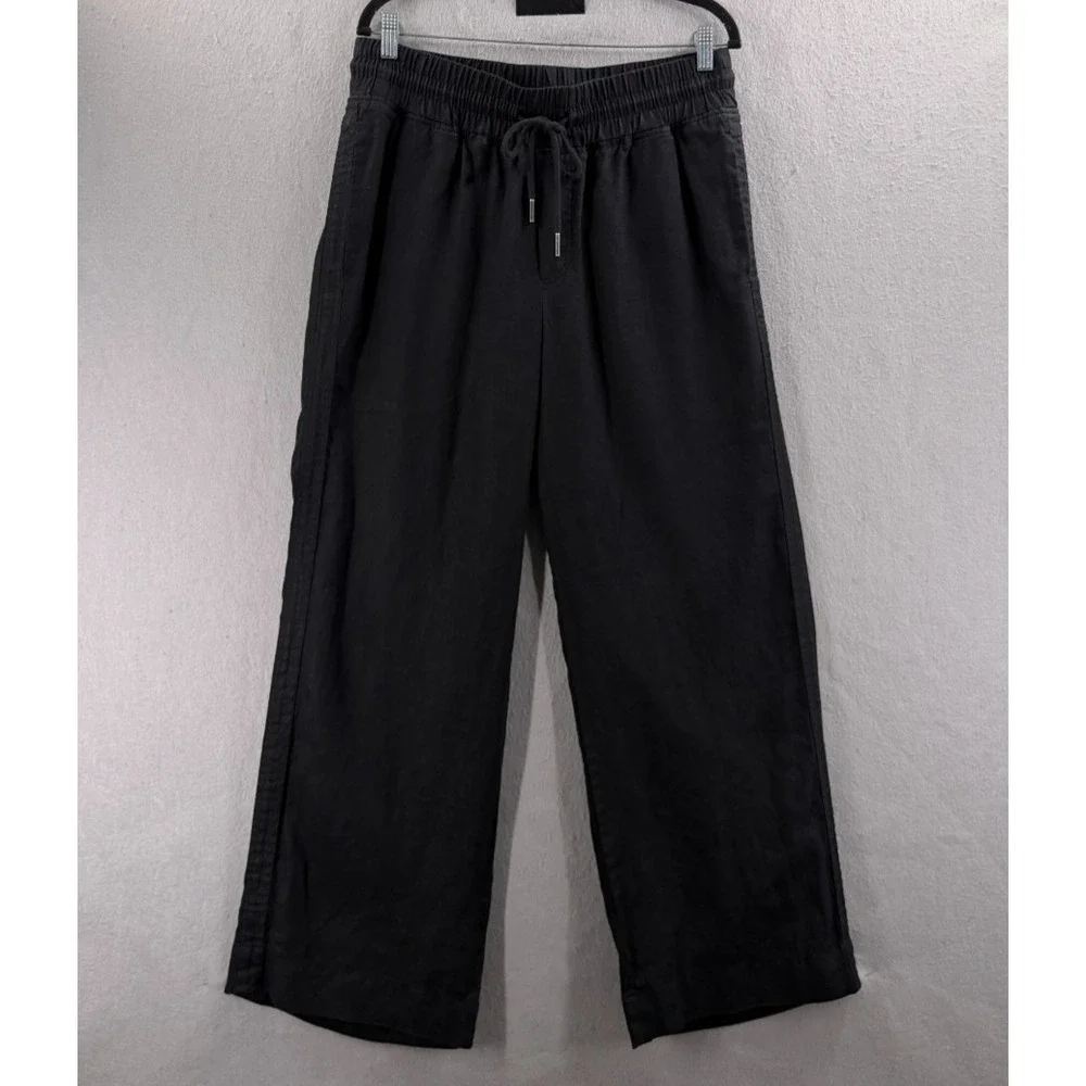 Quince Pants Women L Black 100% European Linen Wide Leg Coastal Minimalist Chic